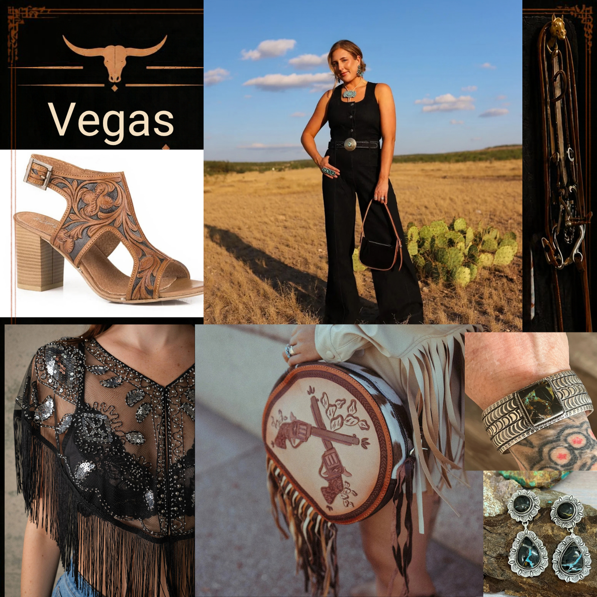 Vegas Western style mood board featuring tooled leather heels, sequin fringe cape, pistol crossbody bag, turquoise jewelry, and a full Western outfit shot in the Texas landscape