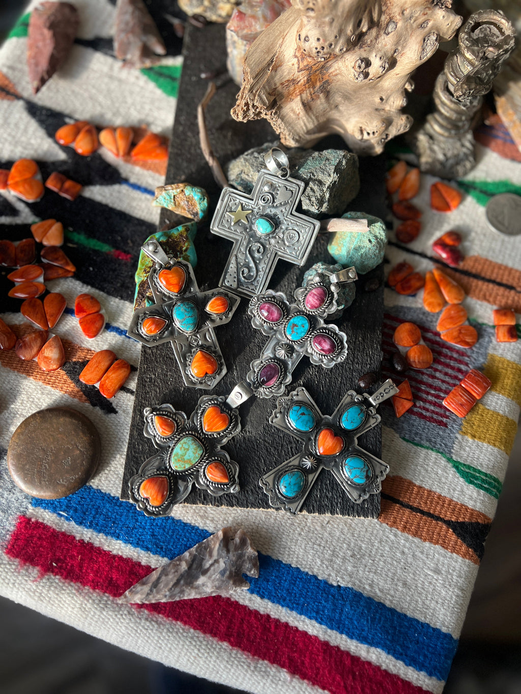 Hand Stamped Sterling Silver, Kingman Turquoise & Purple Spiny Oyster Cross Pendant by Kimari Somers