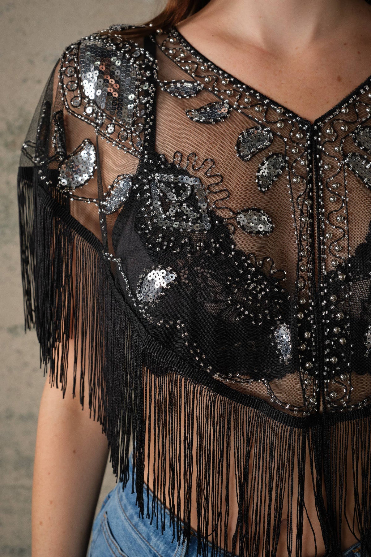 Black Sequin Beaded Fringe Mesh Cape