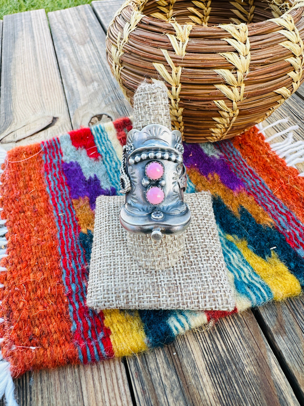 Handcrafted Queen Pink Conch & Sterling Silver Saddle Ring Size 8 by Tim Yazzie