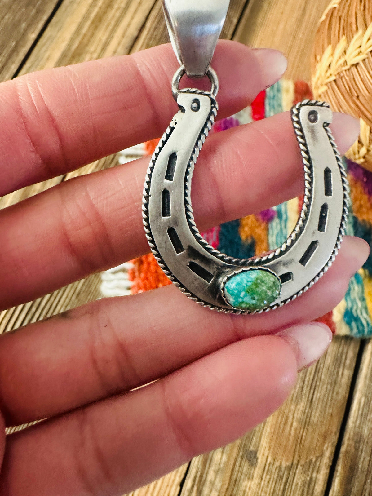 Handcrafted Sterling Silver and Sonoran Mountain Turquoise Horseshoe Pendant