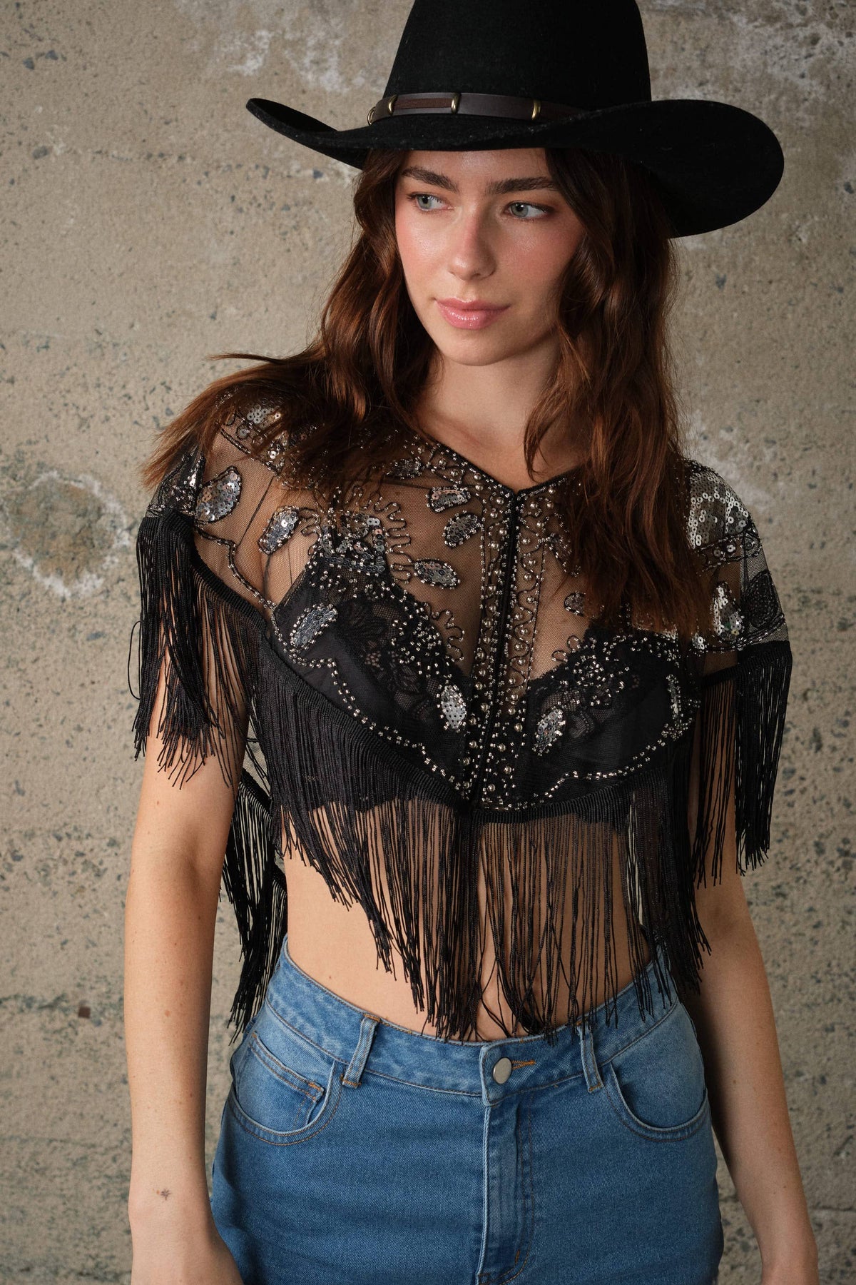 Black Sequin Beaded Fringe Mesh Cape