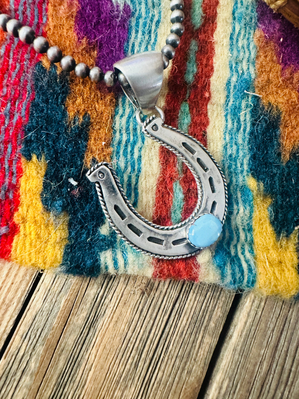 Handcrafted Sterling Silver and Golden Hills Turquoise Horseshoe Pendant