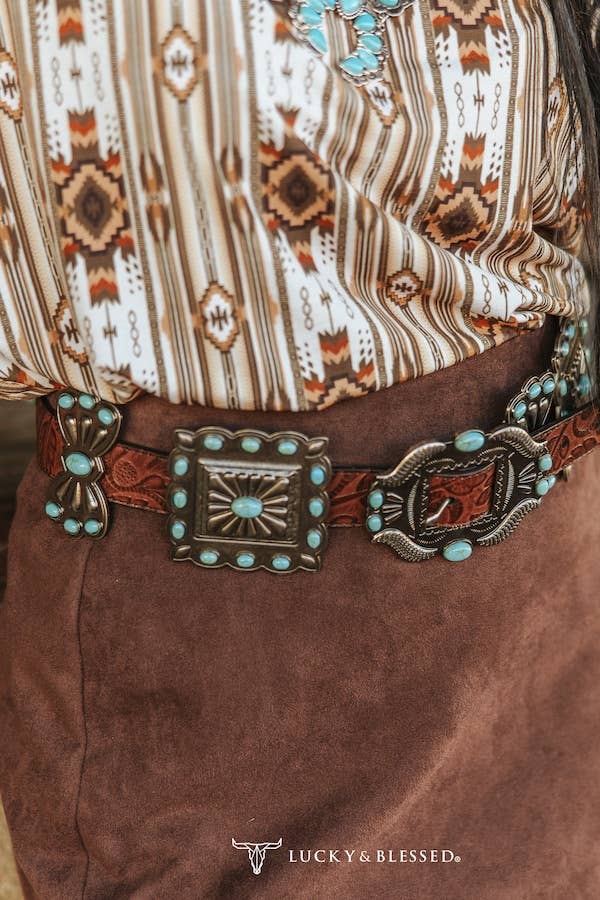 Brown Tooled Leather Turquoise Stone Concho Belt