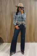 Blue Plaid Horseprint Long Sleeve Mesh Top