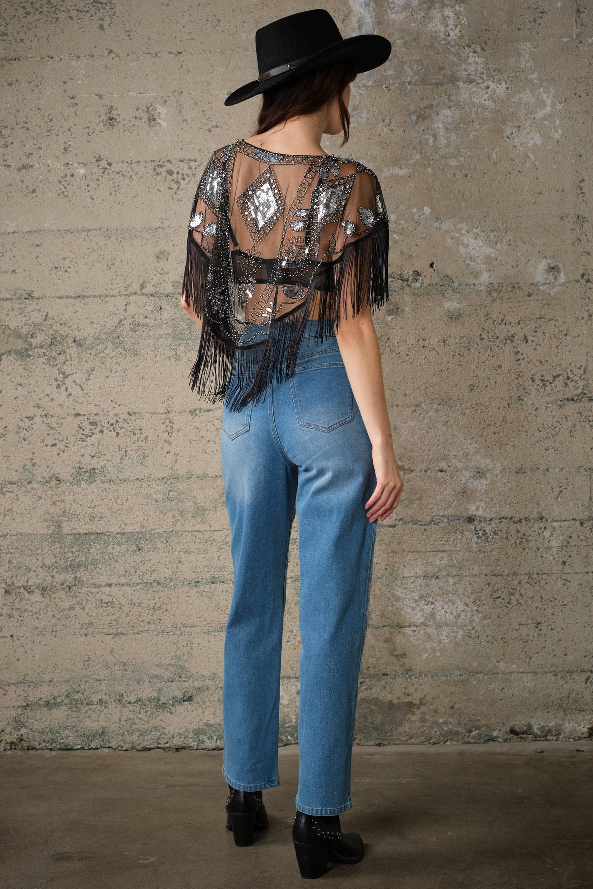 Black Sequin Beaded Fringe Mesh Cape