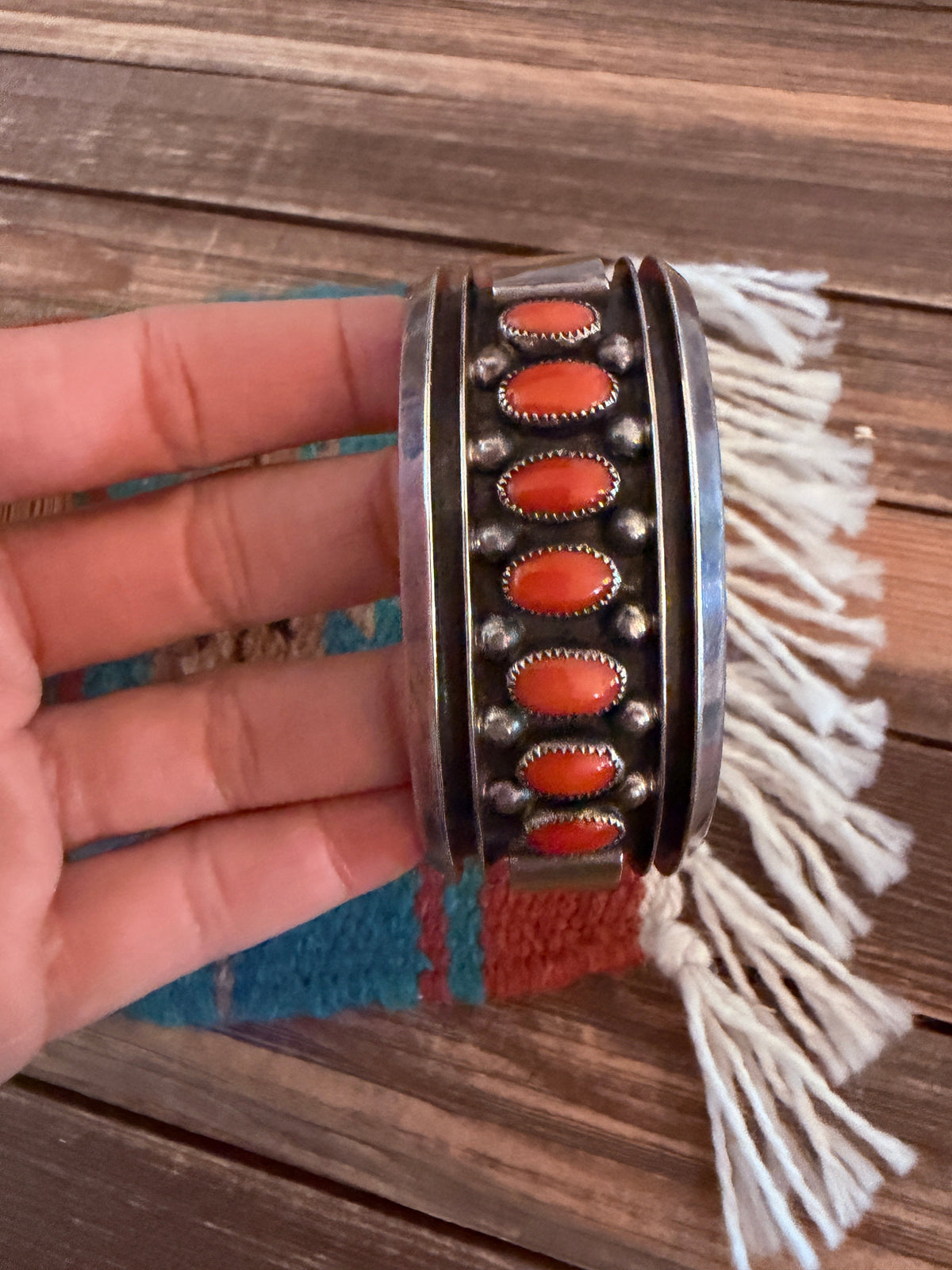Handcrafted Old Pawn Sterling Silver & Coral Cuff Bracelet