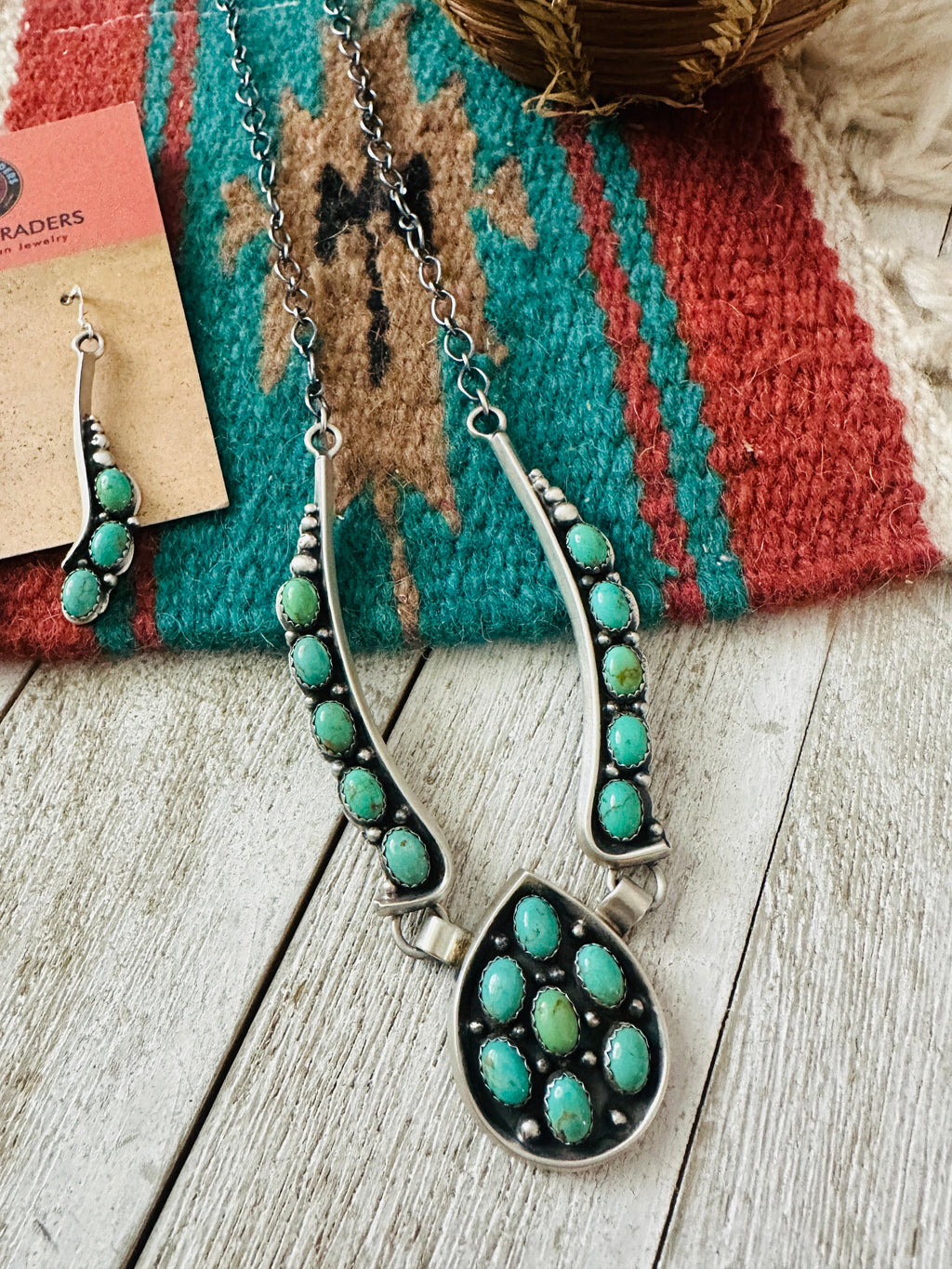 Handcrafted Sterling Silver & Turquoise Cluster Necklace and Earring Set