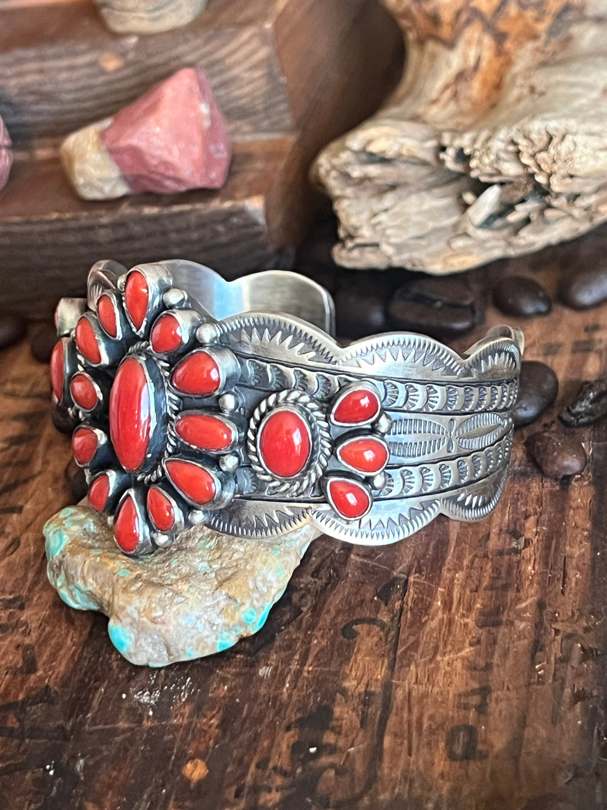 Handcrafted Sterling Silver and Mediterranean Coral Cluster Cuff Bracelet by Murphy Platero