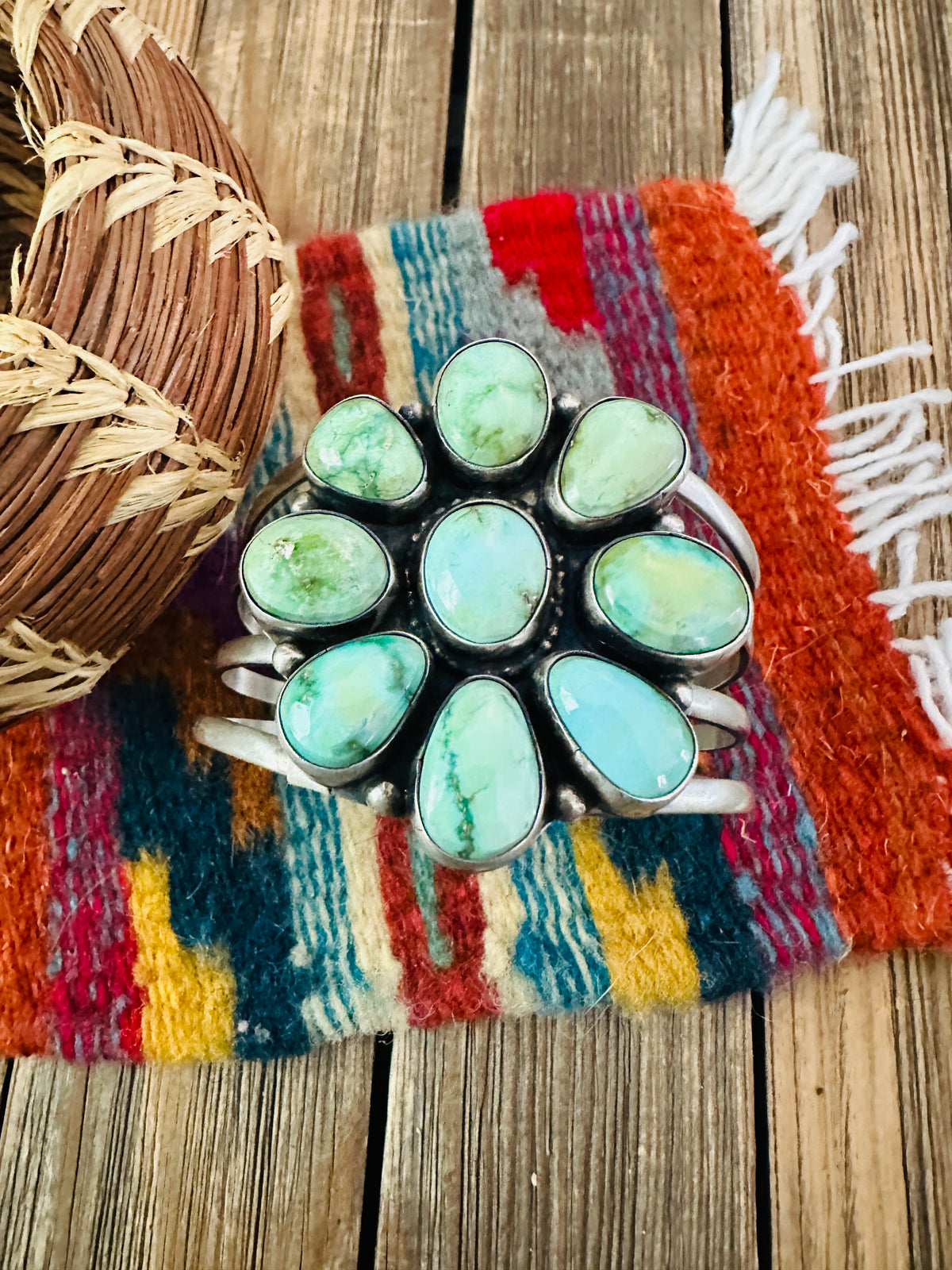 Handcrafted Sonoran Mountain Turquoise & Sterling Silver Cluster Cuff Bracelet by Sheila Becenti