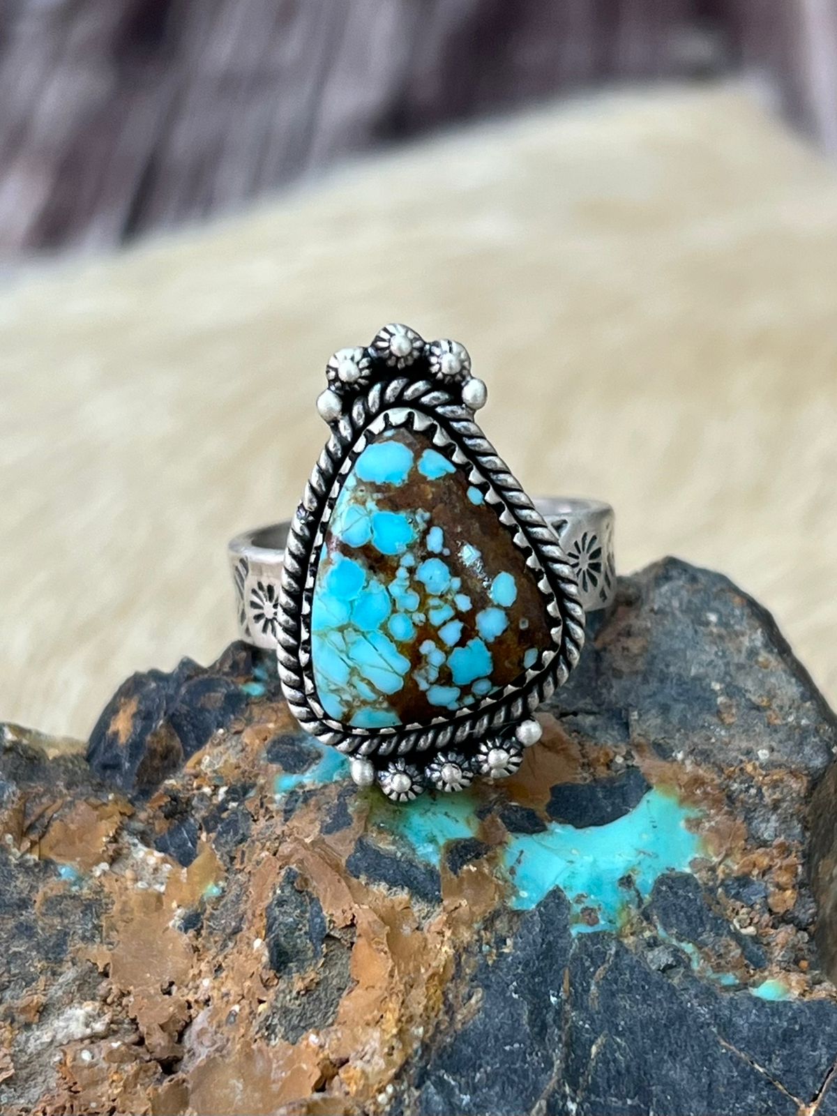 Handmade Sterling Silver Number 8 Turquoise Adjustable Ring "Signed Nizhoni"