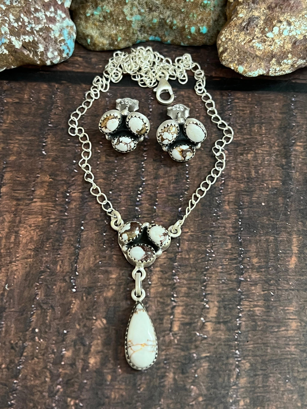 Handmade Sterling Silver Wild Horse Magnesite Necklace Earrings Set with Signed Nizhoni