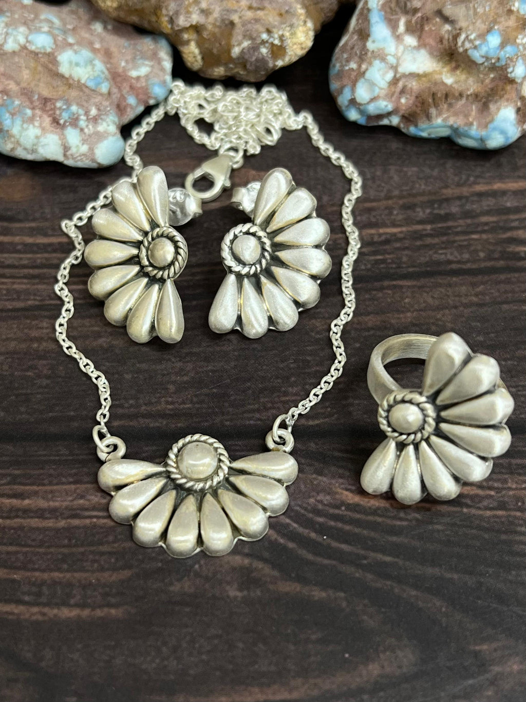 Handmade 'Sterling Silver' Necklace Earrings and Ring Set with Signed Nizhoni