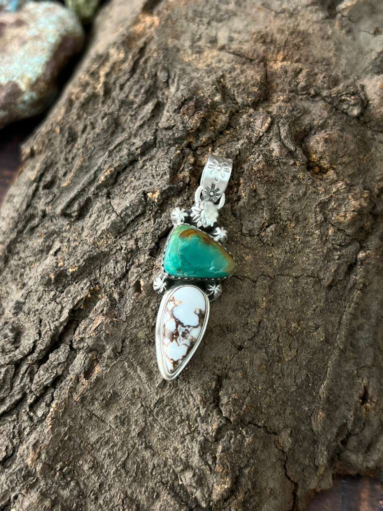Handmade Sterling Silver Kingman Turquoise with Wildhorse Magnesite Pendant "Signed Nizhoni"