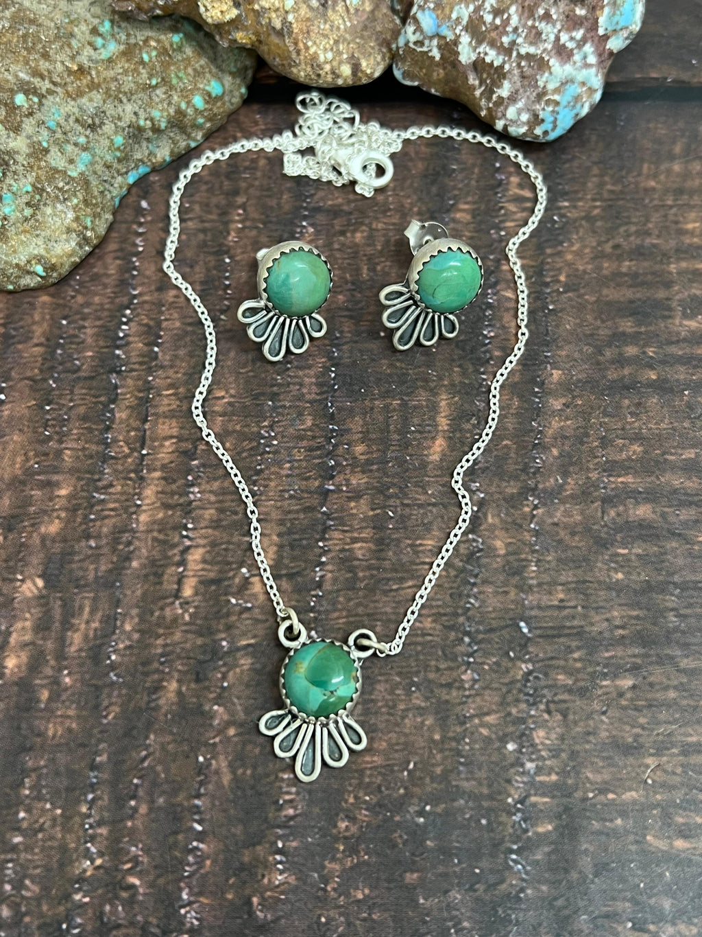 Handmade Sterling Silver Kingman Turquoise Necklace Earrings Set with Signed Nizhoni