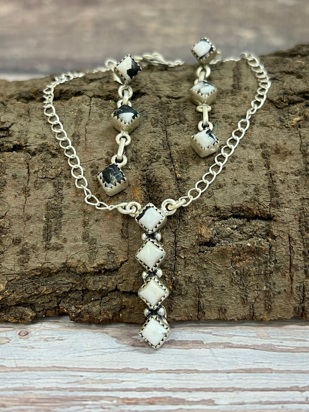 Handmade Sterling Silver White Buffalo Necklace & Earrings Set Signed Nizhoni