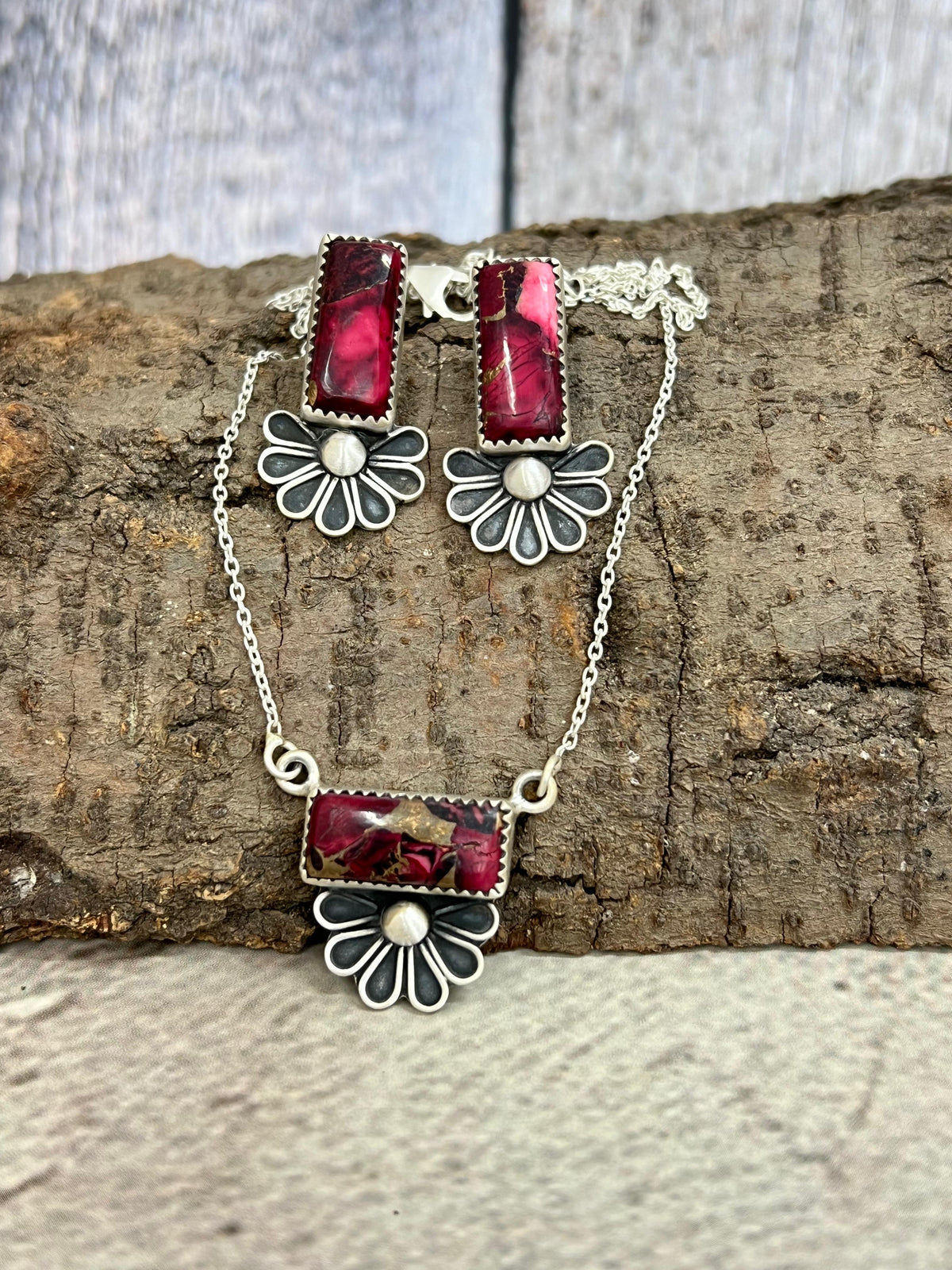 Handmade Sterling Silver Dahlia Rose Necklace Earrings Set, Signed Nizhoni (9)