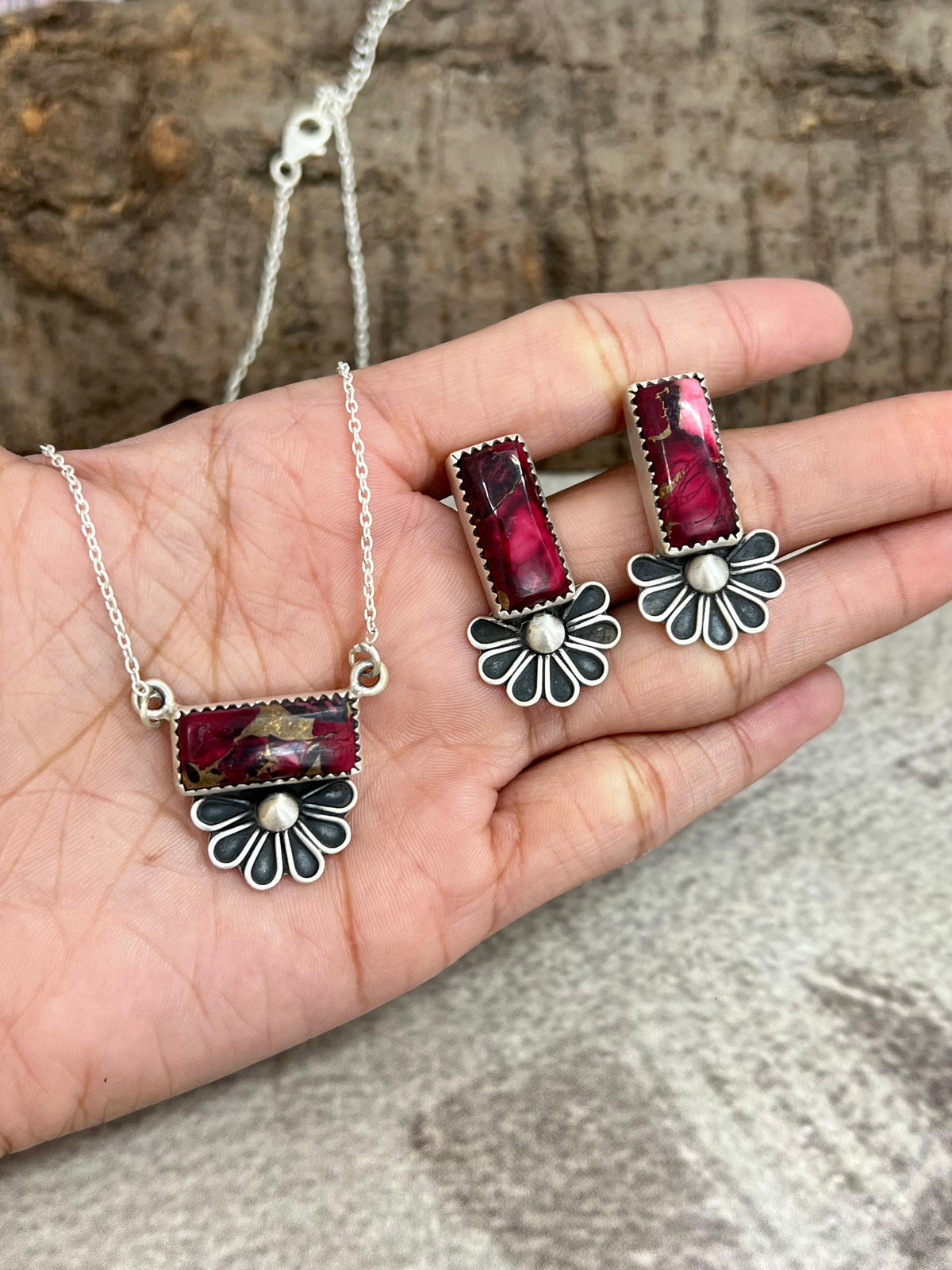 Handmade Sterling Silver Dahlia Rose Necklace Earrings Set, Signed Nizhoni (9)