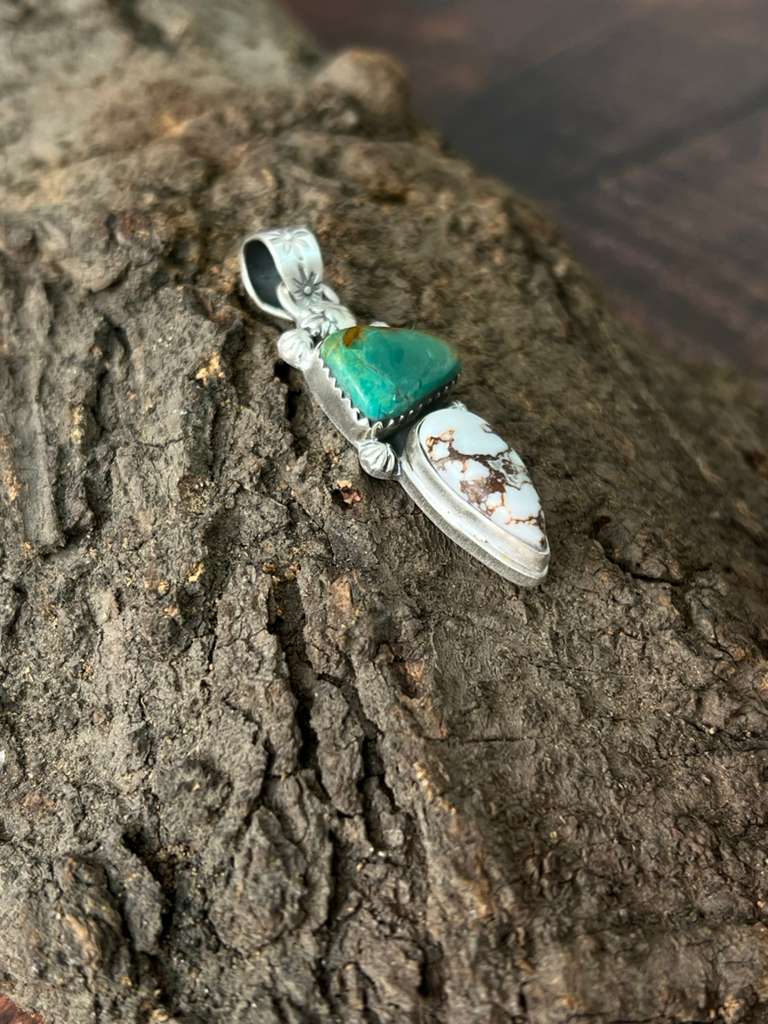 Handmade Sterling Silver Kingman Turquoise with Wildhorse Magnesite Pendant "Signed Nizhoni"