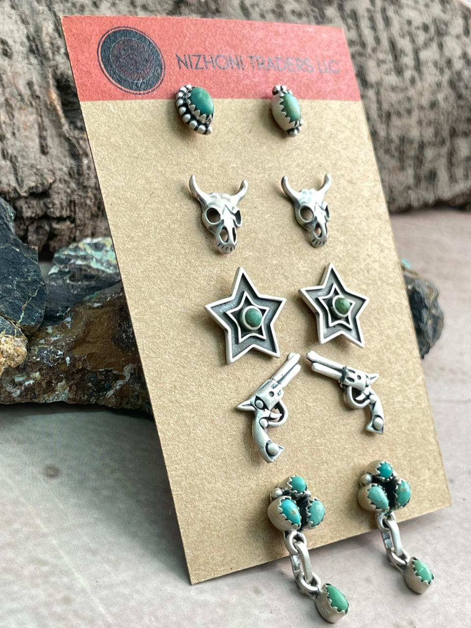 Handmade Sterling Silver Kingman Turquoise Post Studs Earrings Card Set