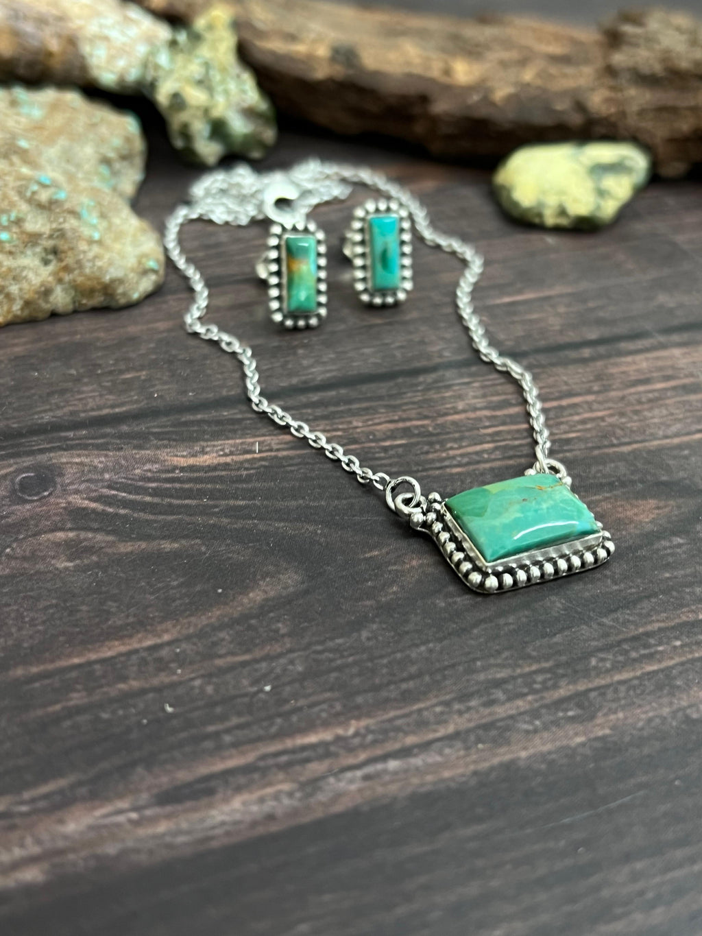Handmade Sterling Silver Kingman Turquoise Necklace Earrings Set with Signed Nizhoni