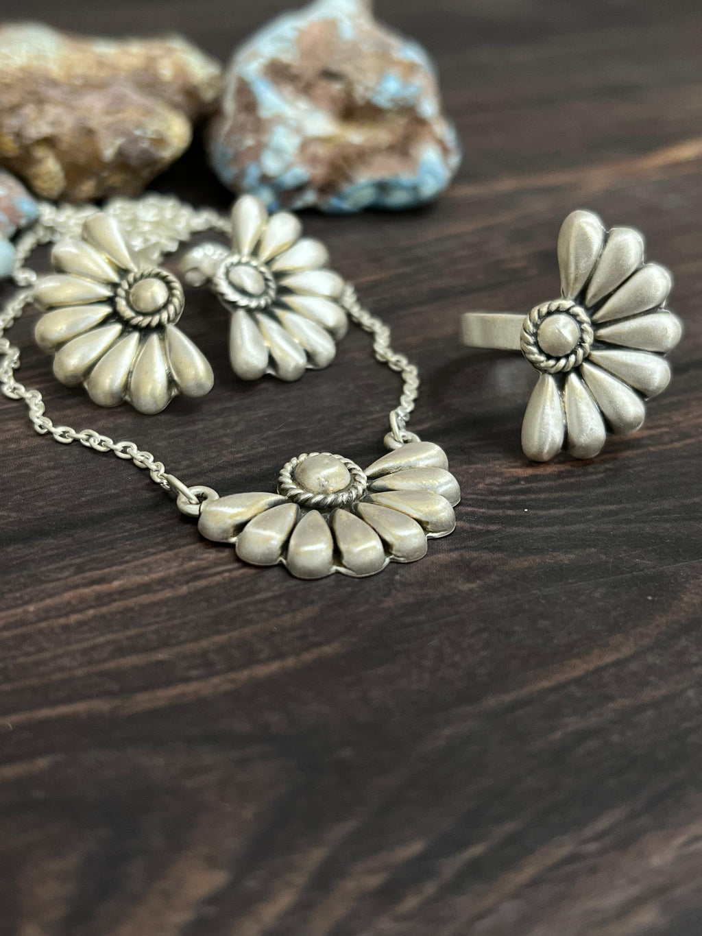 Handmade 'Sterling Silver' Necklace Earrings and Ring Set with Signed Nizhoni