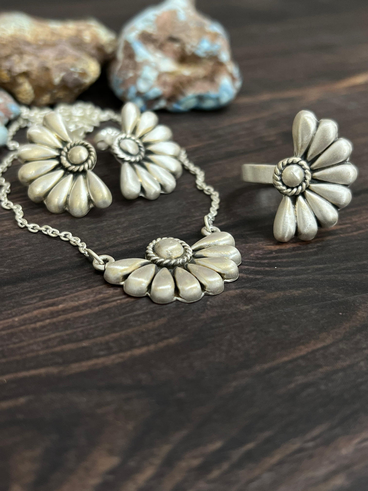 Handmade 'Sterling Silver' Necklace Earrings and Ring Set with Signed Nizhoni