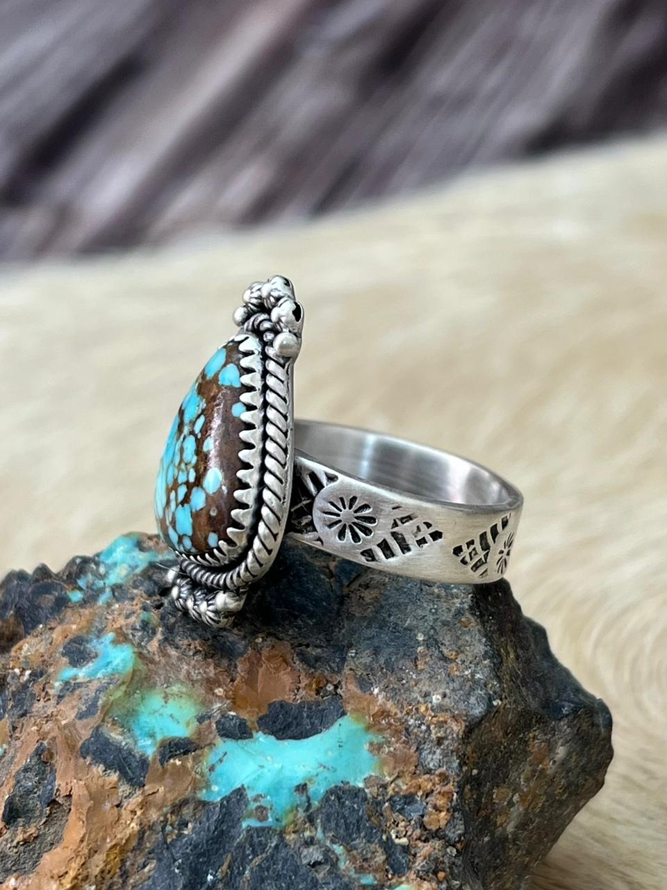 Handmade Sterling Silver Number 8 Turquoise Adjustable Ring "Signed Nizhoni"