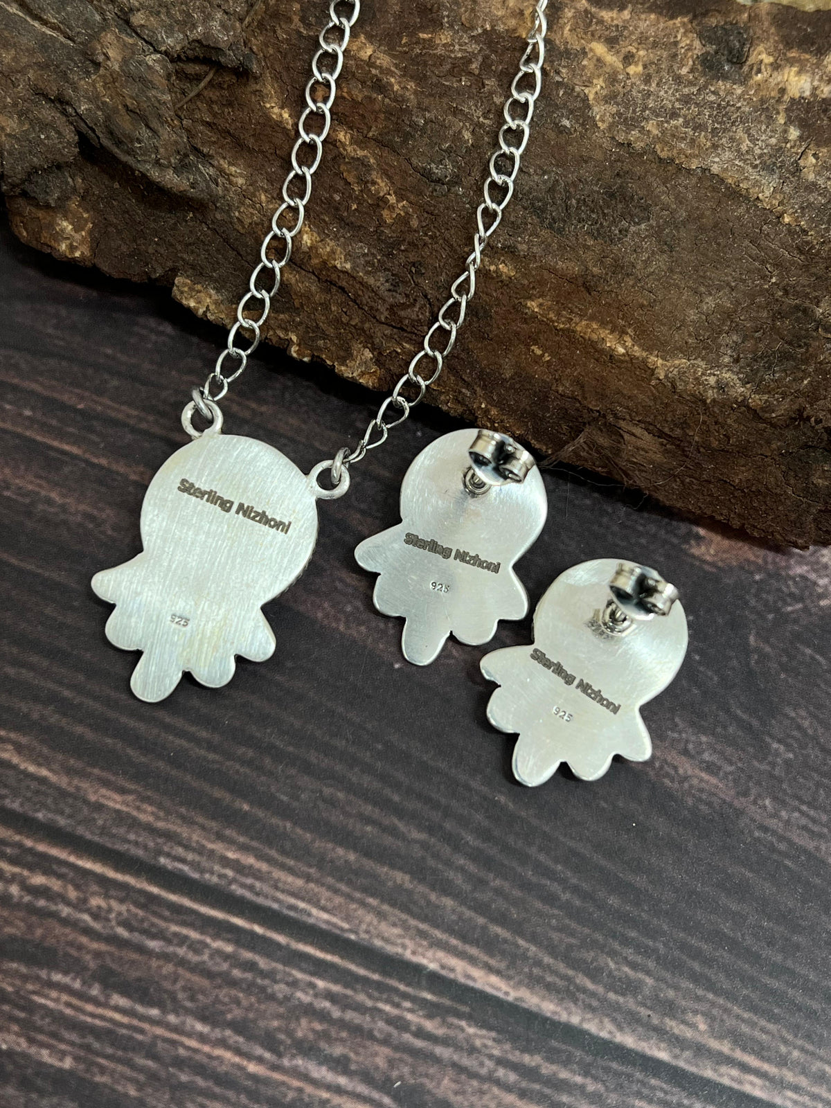 Handmade Sterling Silver South Hill Turquoise Necklace Earrings Set with Signed Nizhoni