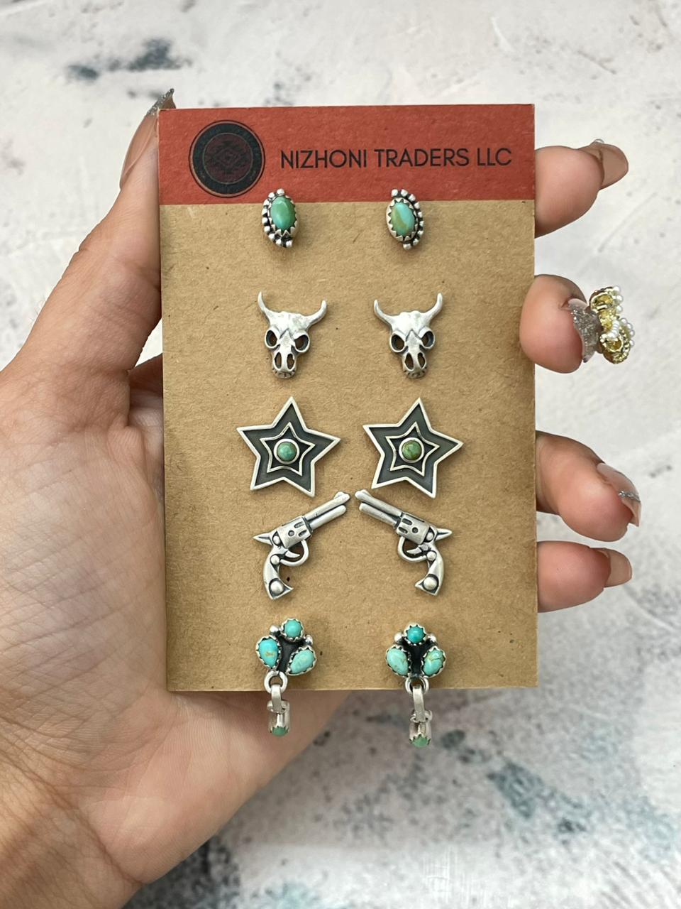 Handmade Sterling Silver Kingman Turquoise Post Studs Earrings Card Set