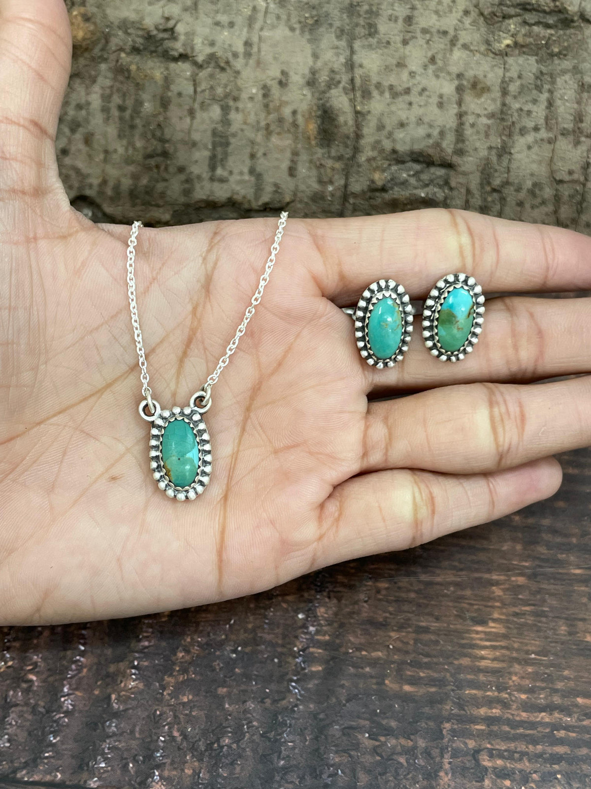 Handmade Sterling Silver Kingman Turquoise Necklace Earrings Set with Signed Nizhoni