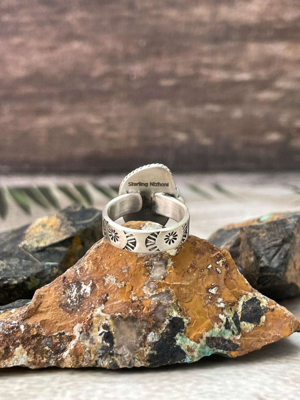 Handmade Sterling Silver Number 8 Turquoise Adjustable Ring "Signed Nizhoni"
