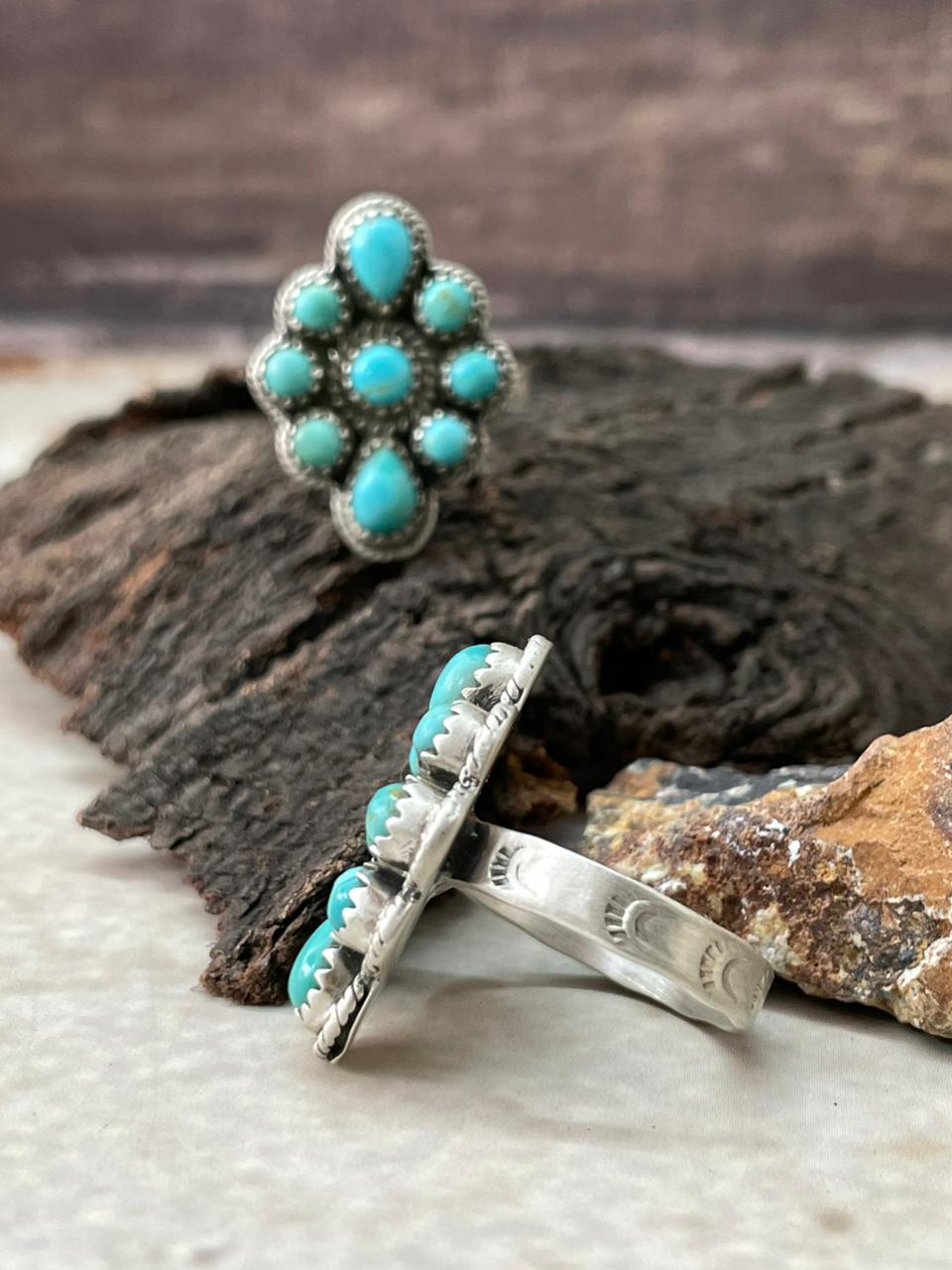 Handmade Sterling Silver Kingman Turquoise Adjustable Ring "Signed Nizhoni"