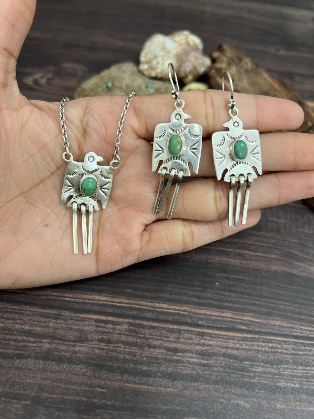 Handmade Sterling Silver Kingman Turquoise Necklace Earrings Set with Signed Nizhoni