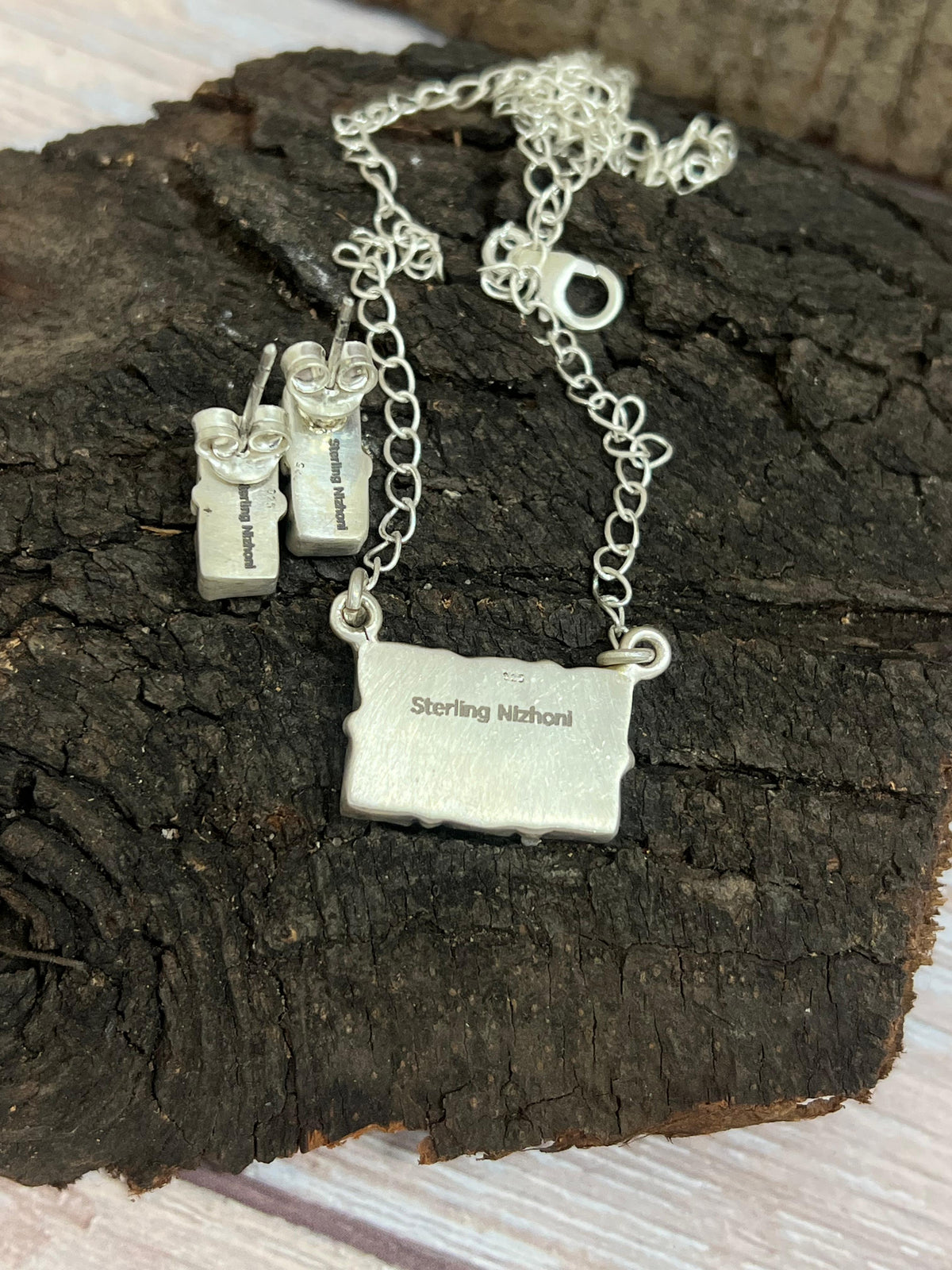 Handmade Sterling Silver White Buffalo Necklace & Earrings Set Signed Nizhoni