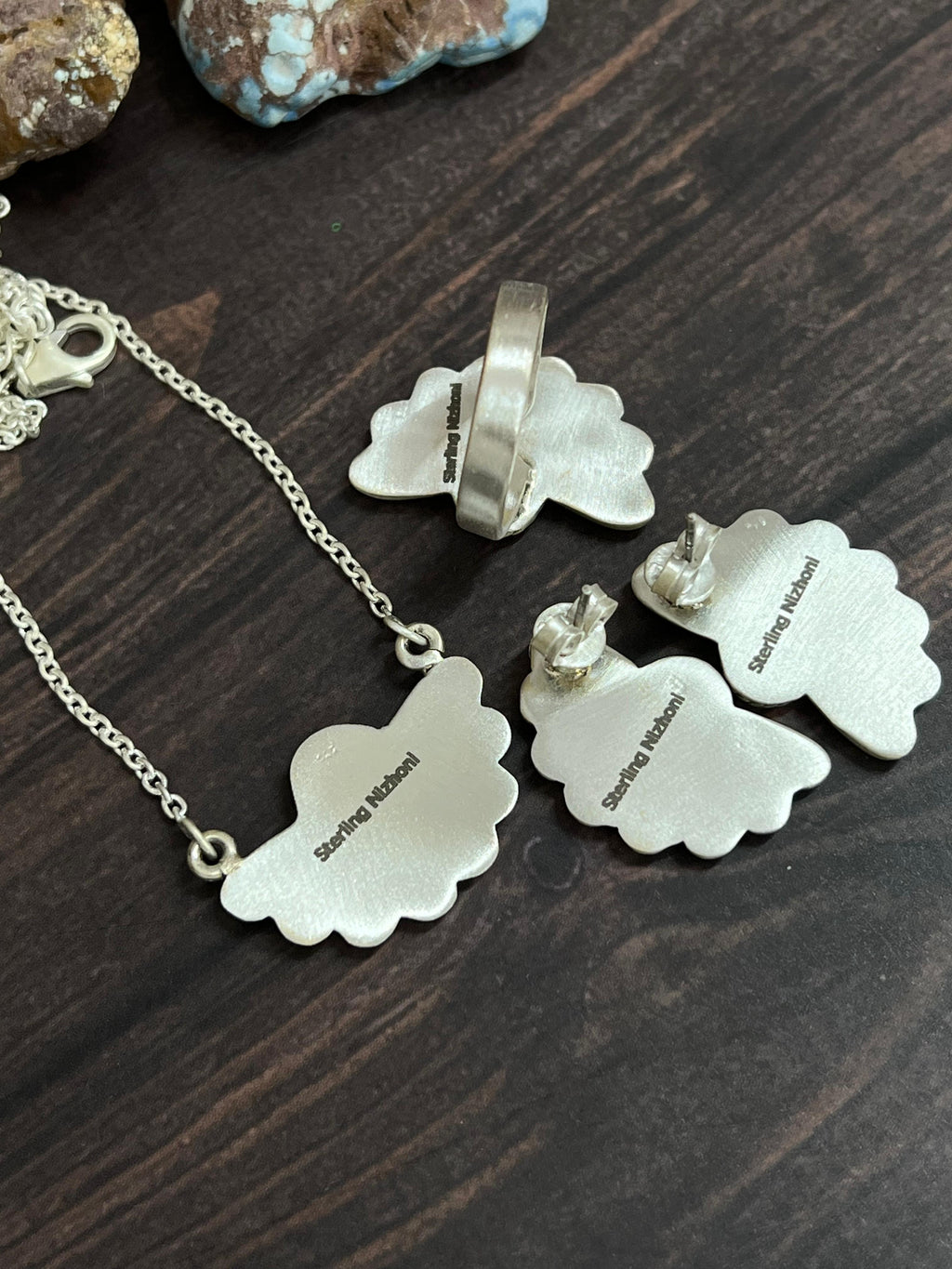 Handmade 'Sterling Silver' Necklace Earrings and Ring Set with Signed Nizhoni