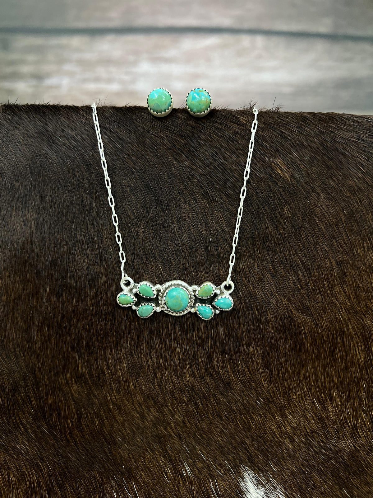 Handmade Sterling Silver Kingman Turquoise Necklace Earrings Set with Signed Nizhoni