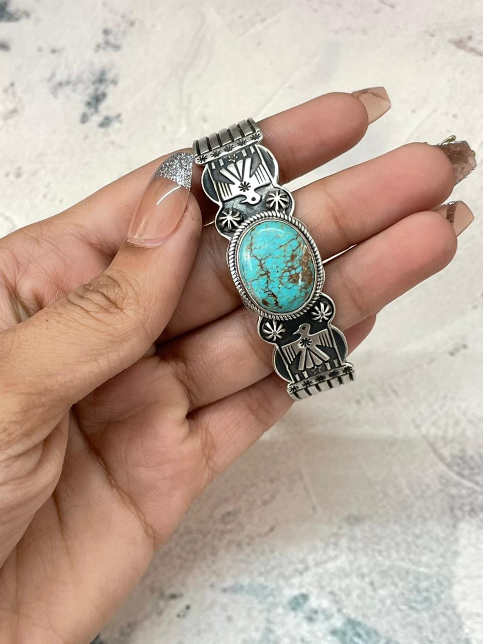 Handmade Sterling Silver Kingman Turquoise Thunderbird Cuff Bracelet "Signed Nizhoni"