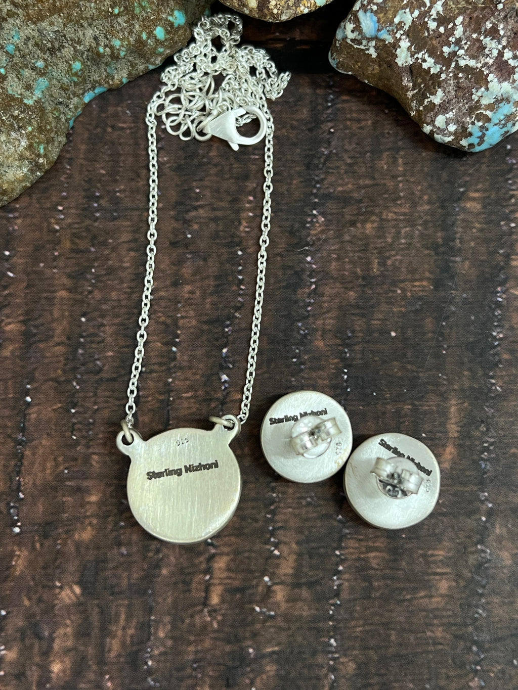 Handmade Sterling Silver Number 8 Turquoise Necklace Earrings Set with Signed Nizhoni