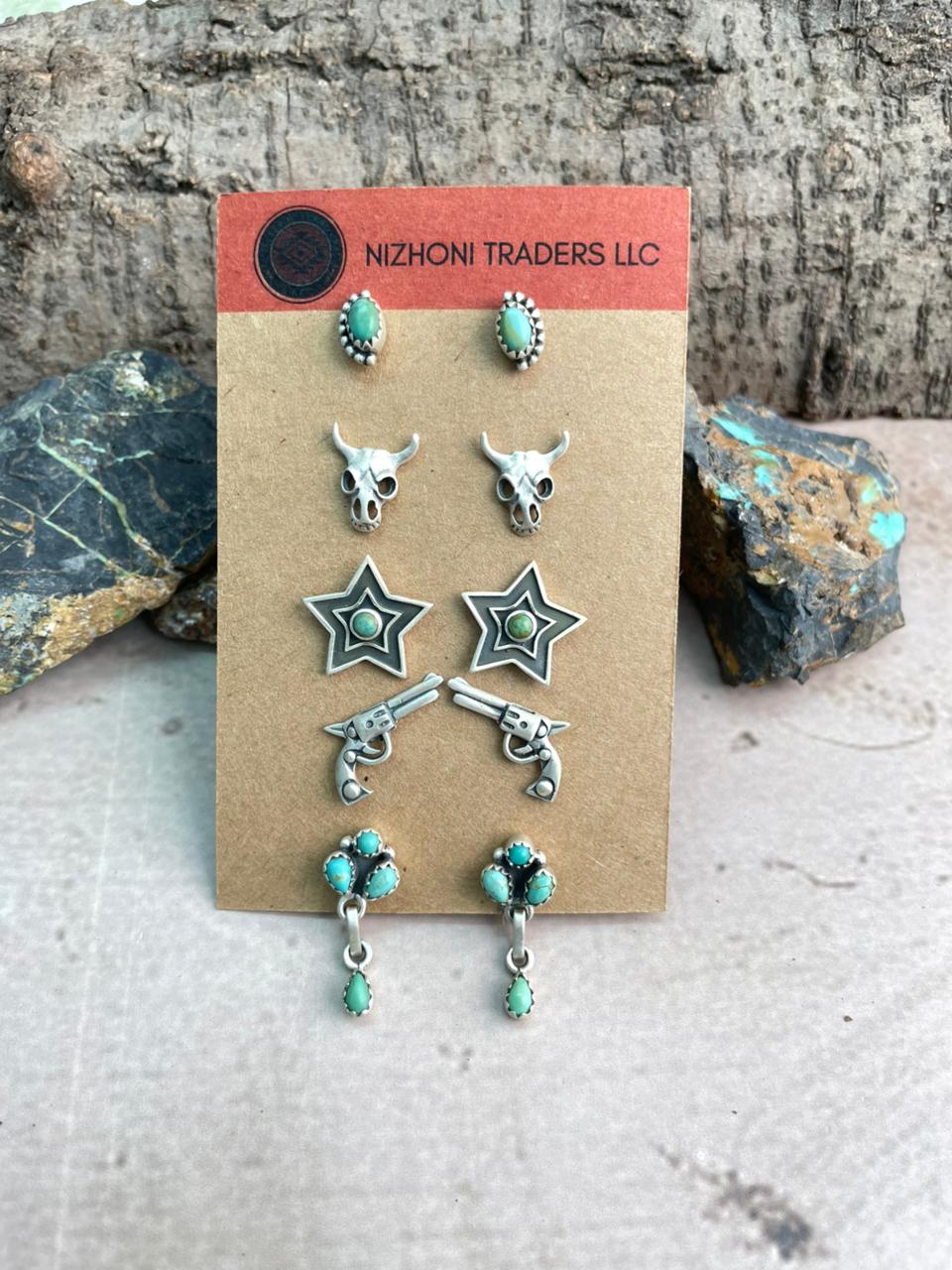 Handmade Sterling Silver Kingman Turquoise Post Studs Earrings Card Set