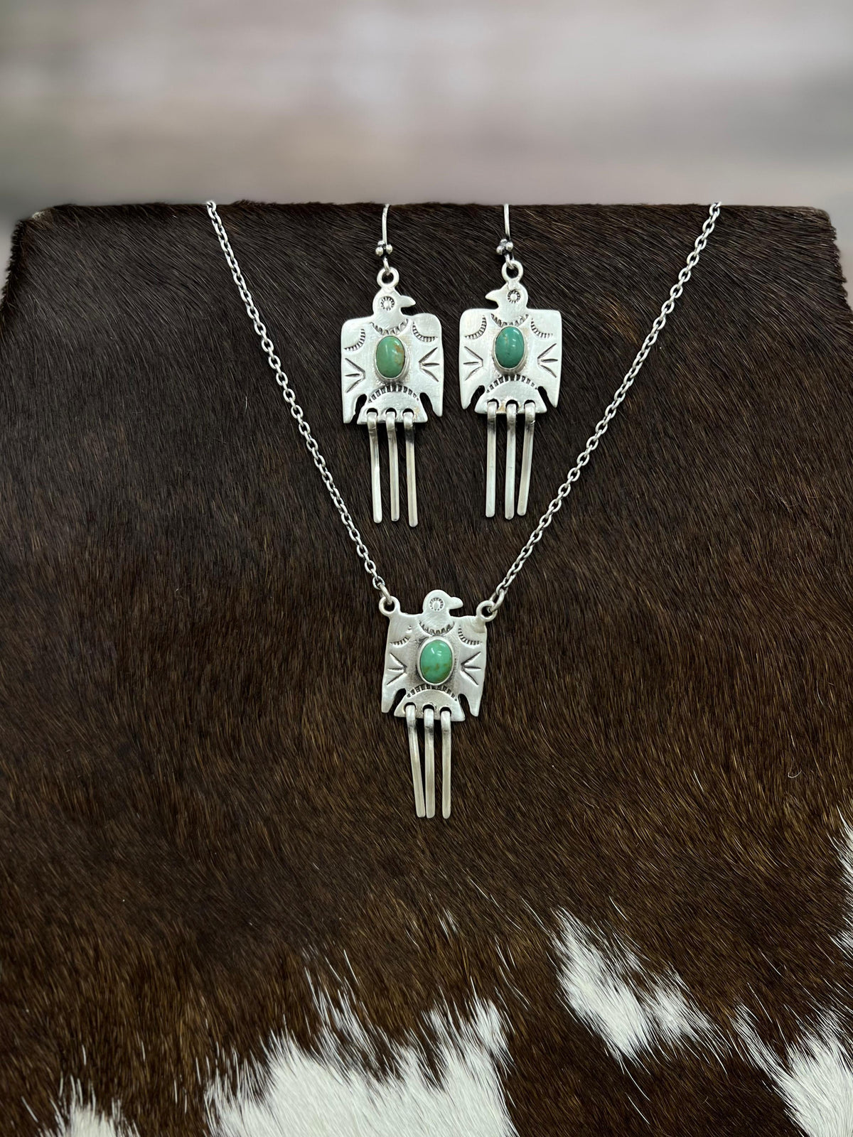 Handmade Sterling Silver Kingman Turquoise Necklace Earrings Set with Signed Nizhoni
