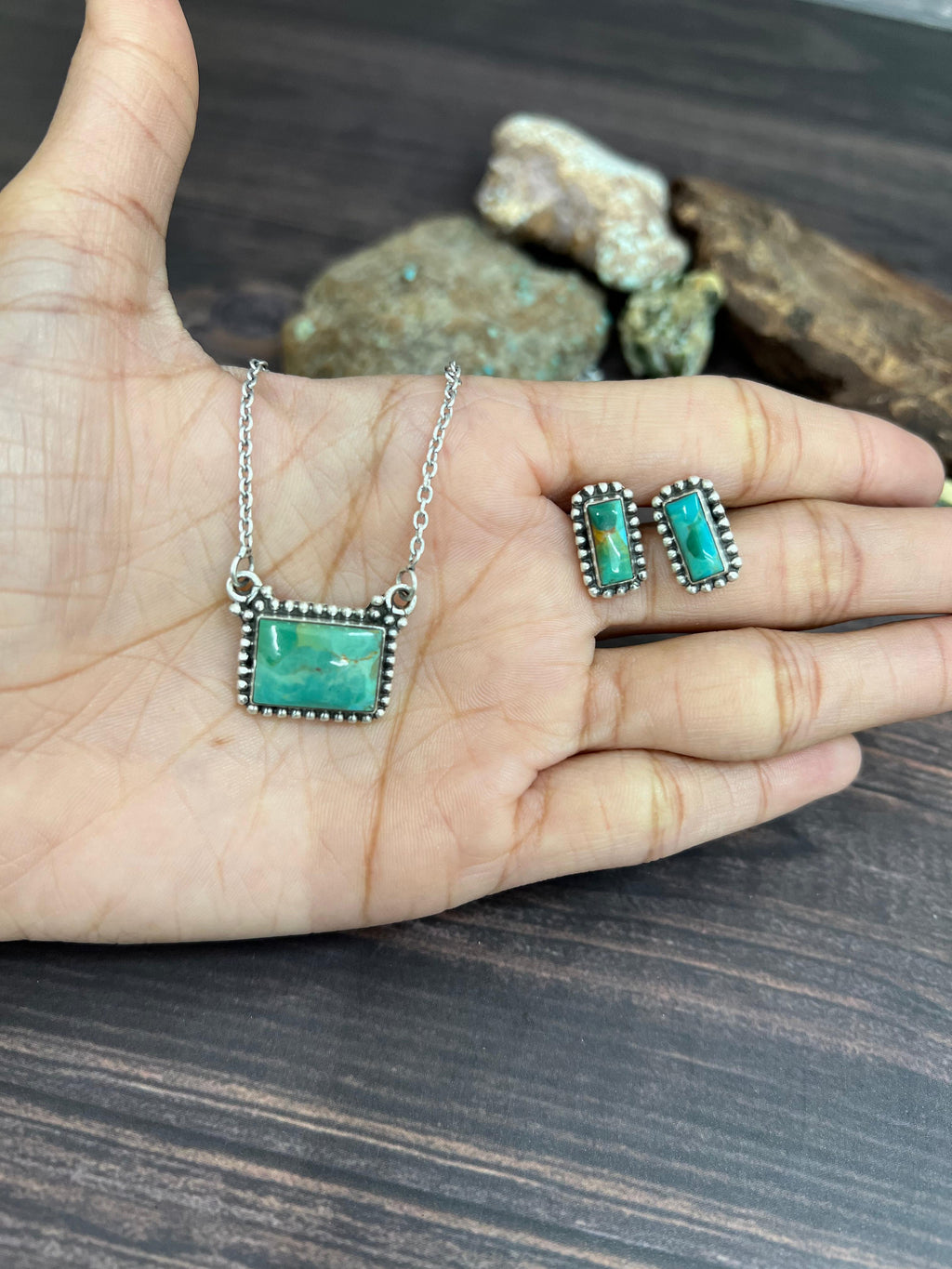 Handmade Sterling Silver Kingman Turquoise Necklace Earrings Set with Signed Nizhoni