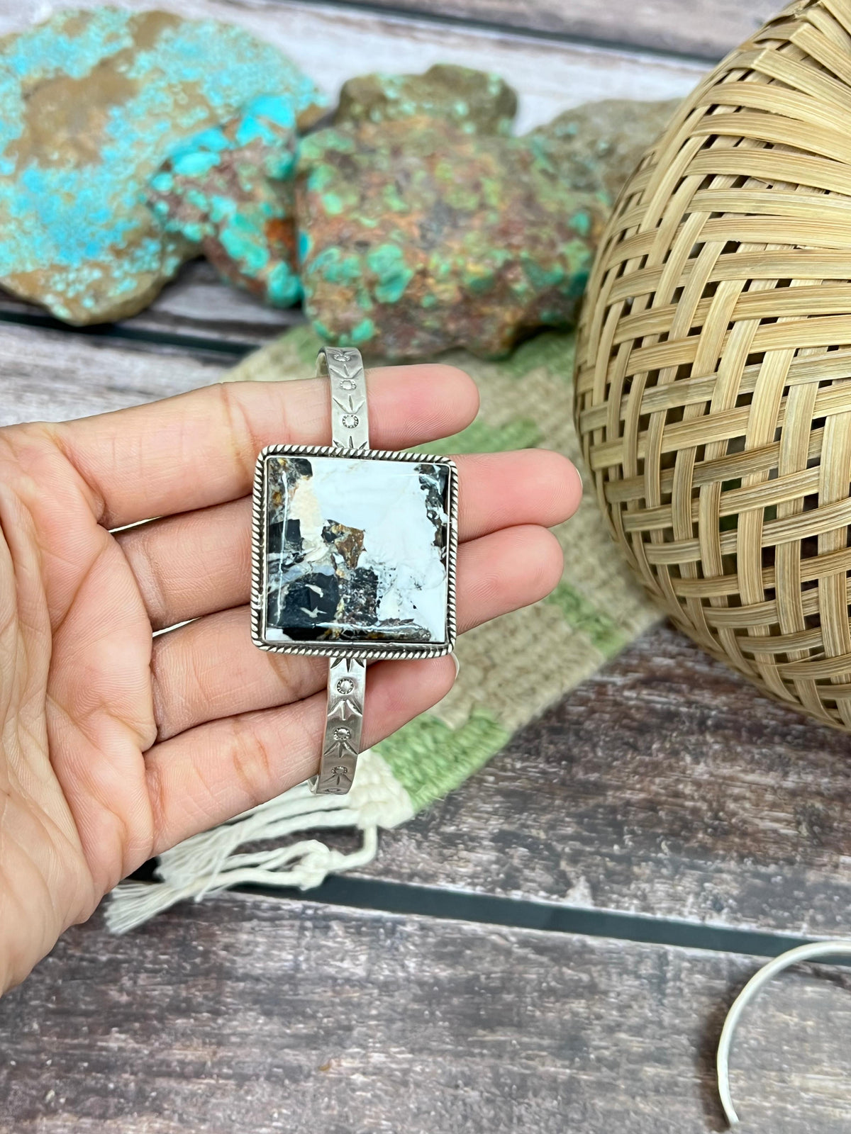 Handmade Sterling Silver White Buffalo Turquoise Cuff Bracelet with Signed Nizhoni