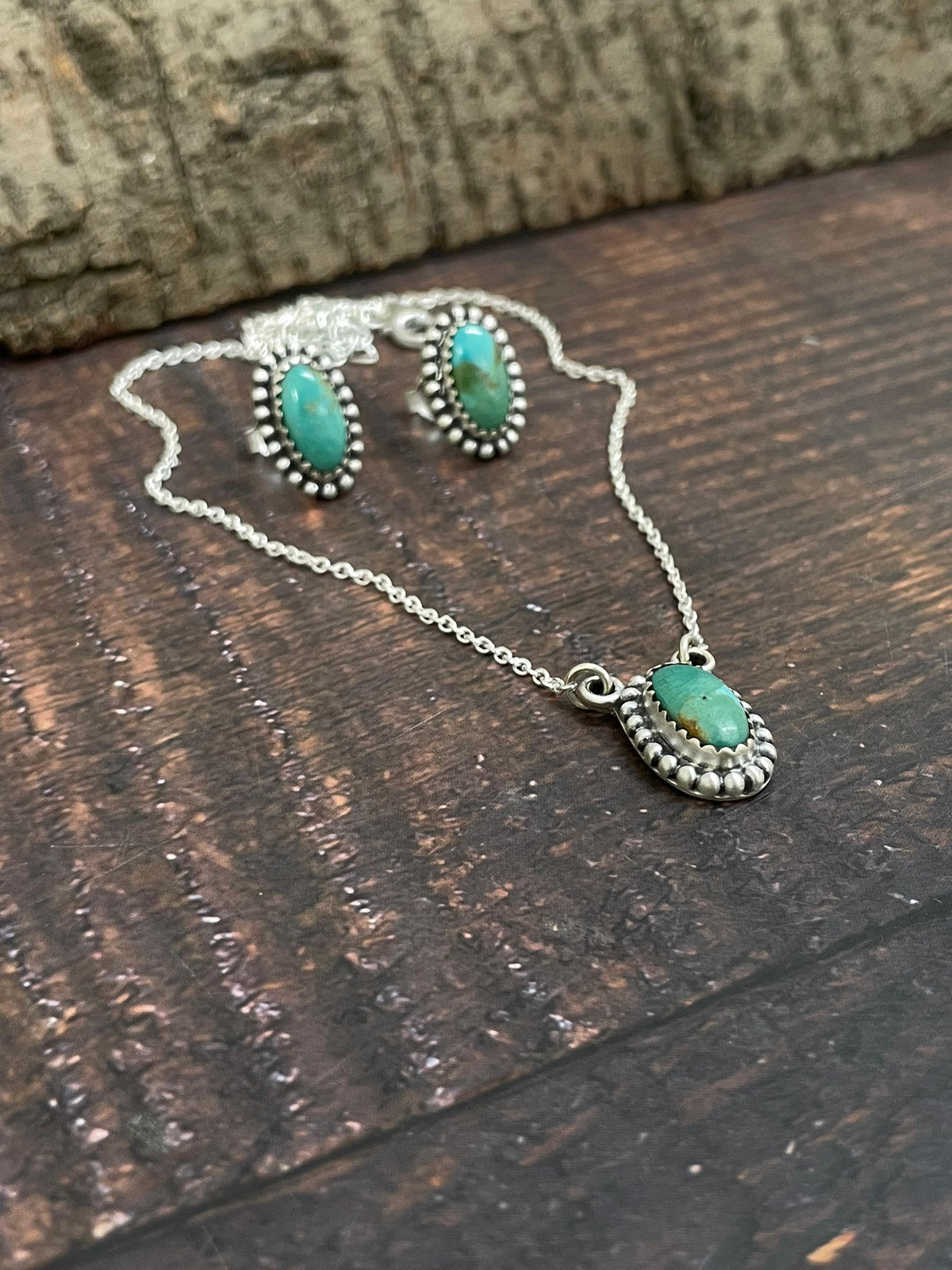 Handmade Sterling Silver Kingman Turquoise Necklace Earrings Set with Signed Nizhoni