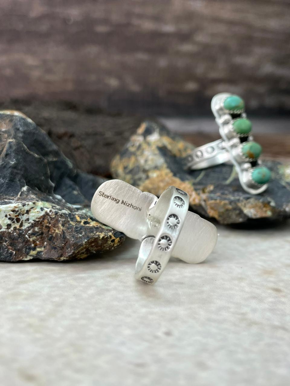 Handmade Sterling Silver Kingman Turquoise Adjustable Ring "Signed Nizhoni"