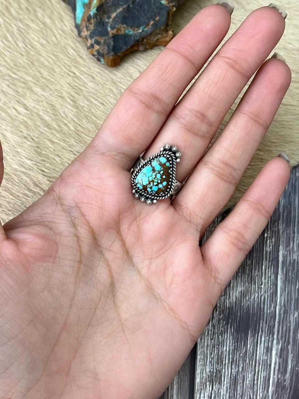 Handmade Sterling Silver Number 8 Turquoise Adjustable Ring "Signed Nizhoni"