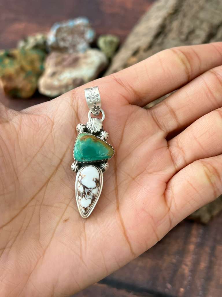 Handmade Sterling Silver Kingman Turquoise with Wildhorse Magnesite Pendant "Signed Nizhoni"