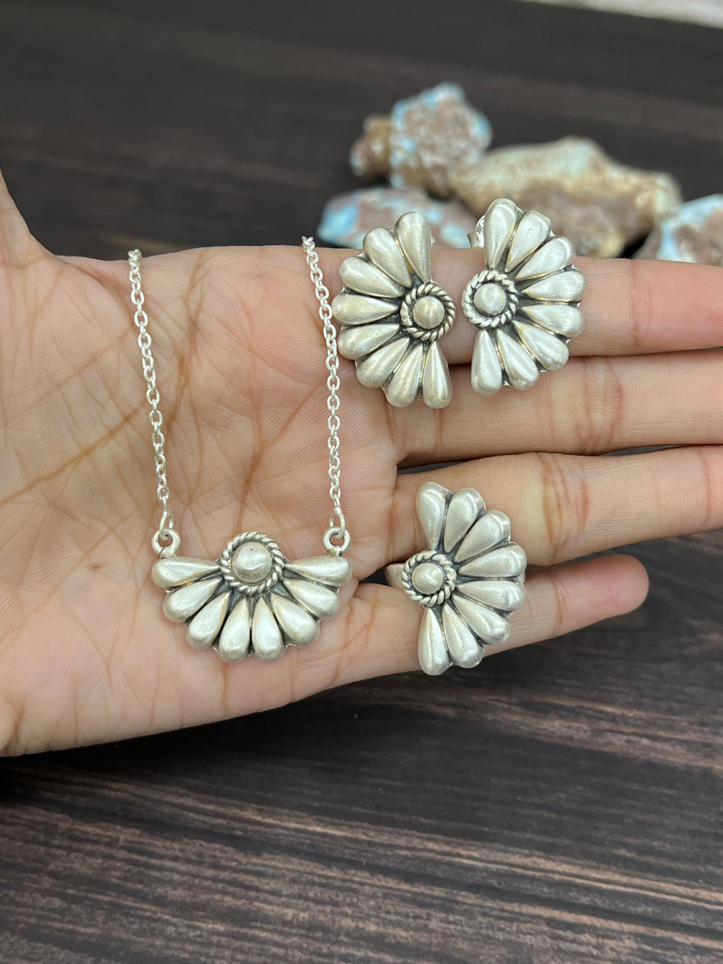 Handmade 'Sterling Silver' Necklace Earrings and Ring Set with Signed Nizhoni
