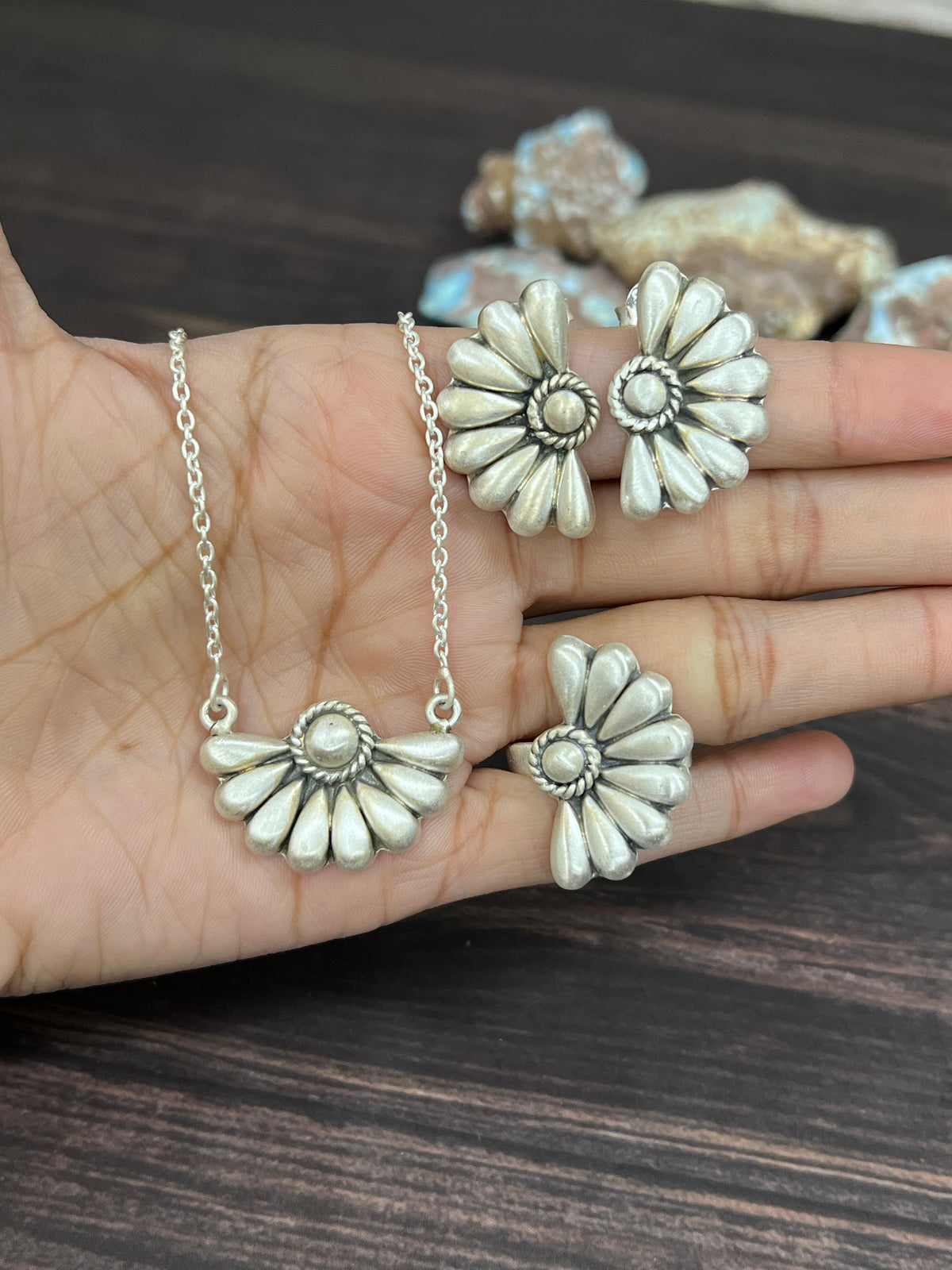 Handmade 'Sterling Silver' Necklace Earrings and Ring Set with Signed Nizhoni