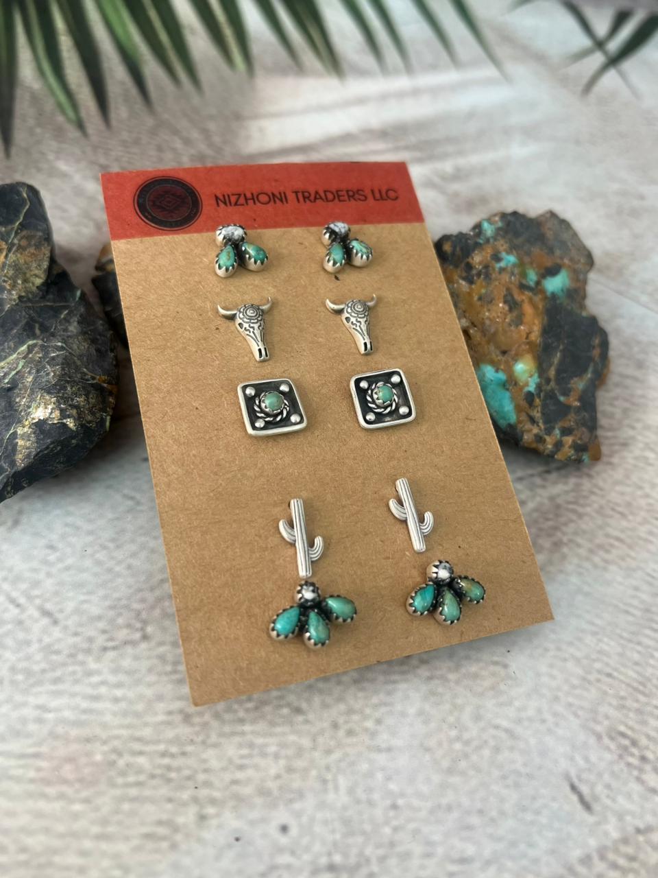 Handmade Sterling Silver Kingman With White Buffalo Post Studs Earrings Set